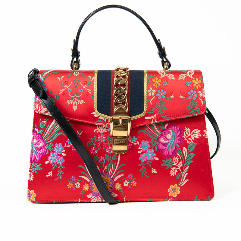 Gucci Red Jacquard Floral Sylvie Top Handle Bag