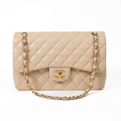 Chanel Beige Clair Lambskin Jumbo Double Flap Gold Hardware