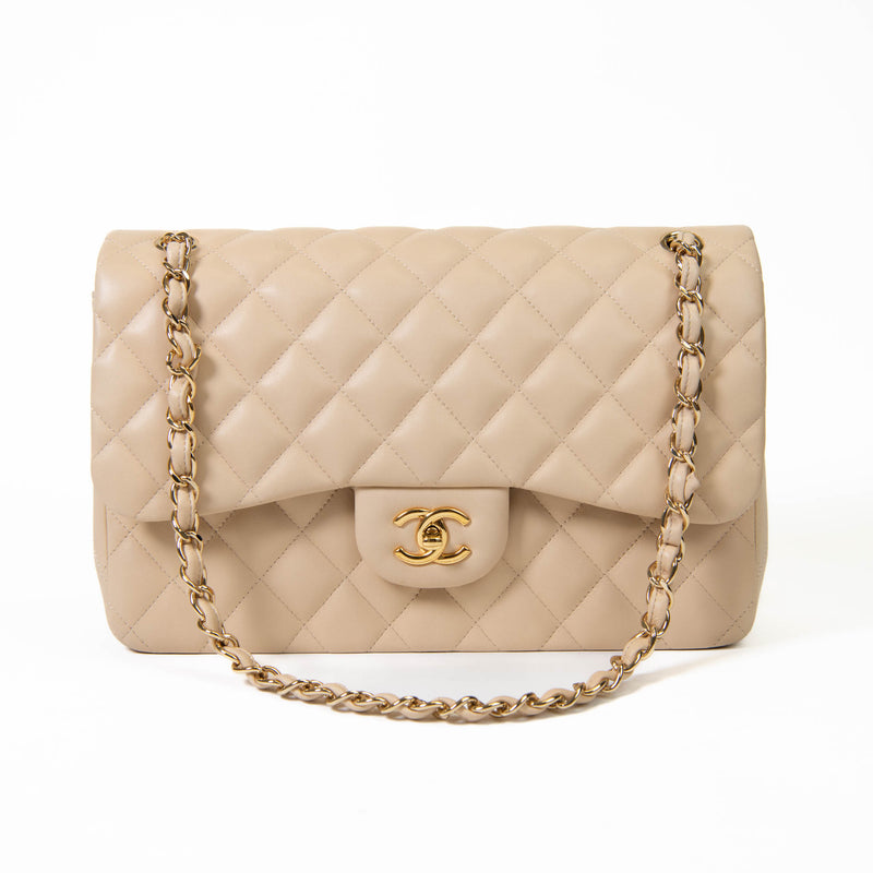 Chanel Beige Clair Lambskin Jumbo Double Flap Gold Hardware