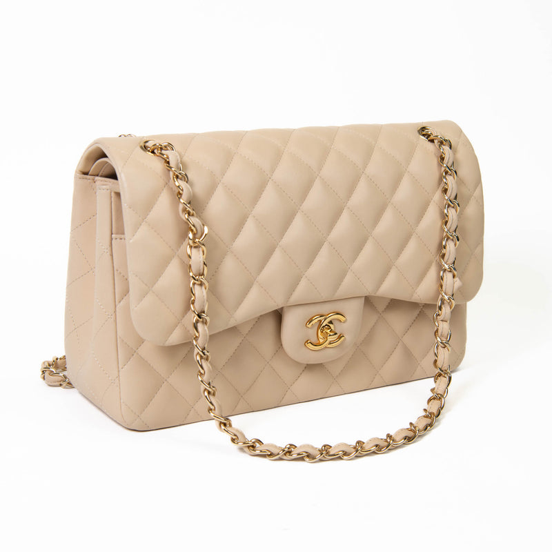 Chanel Beige Clair Lambskin Jumbo Double Flap Gold Hardware