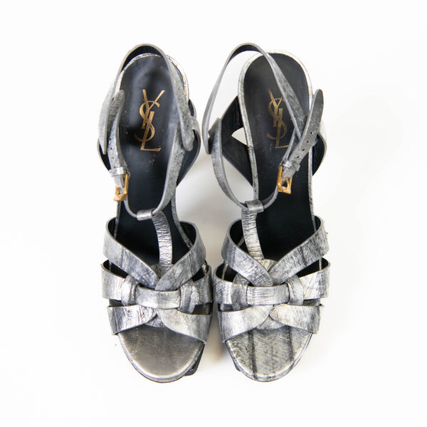Yves Saint Laurent Silver Leather Printed T-Strap Tribute Sandals 40
