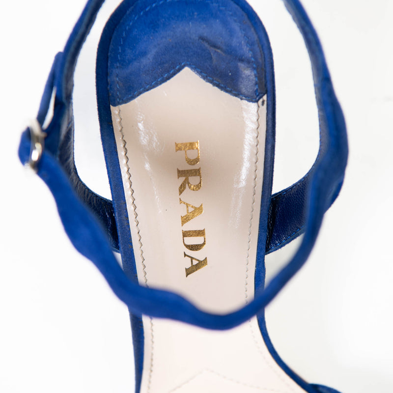 Prada Wavy Strap Scalloped Blue Suede Sandals 39.5