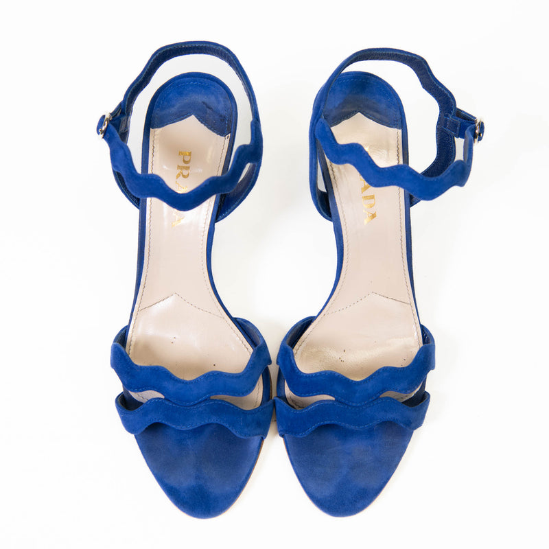 Prada Wavy Strap Scalloped Blue Suede Sandals 39.5