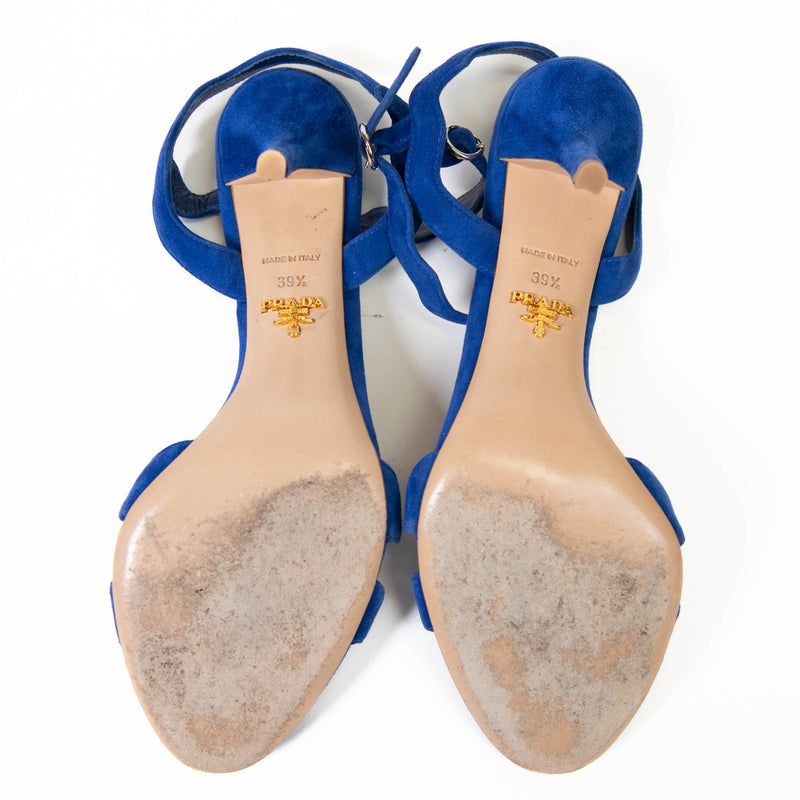 Prada Wavy Strap Scalloped Blue Suede Sandals 39.5