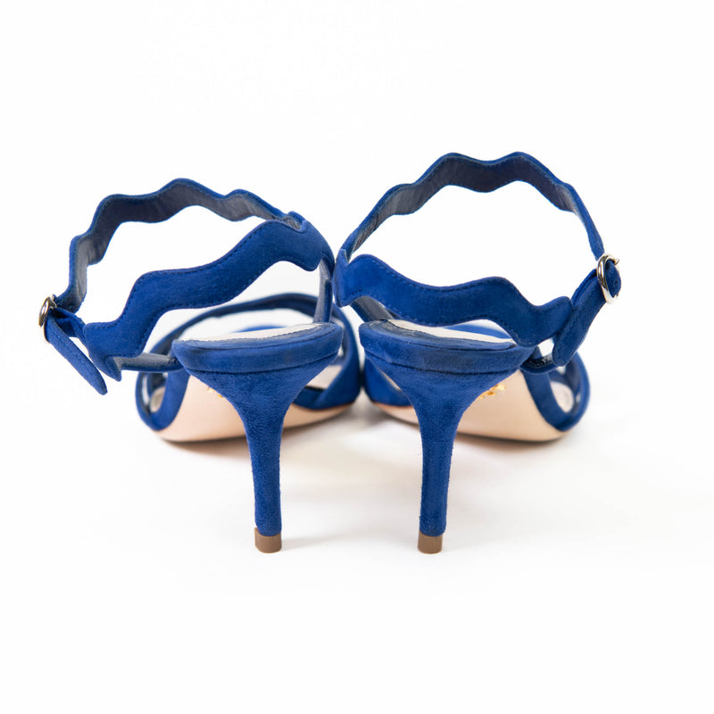 Prada Wavy Strap Scalloped Blue Suede Sandals 39.5