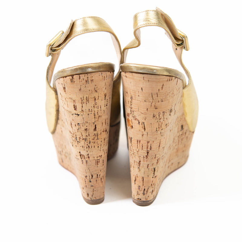 Christian Louboutin Gold Leather Slingback Cork Heel Sandals 40