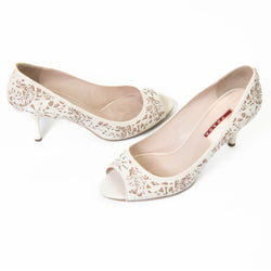 Prada White Patent Leather Floral Laser Cut Peep Toe Pump 39.5