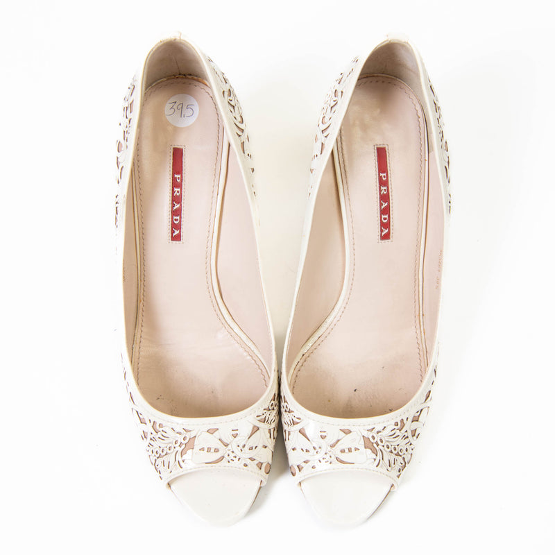 Prada White Patent Leather Floral Laser Cut Peep Toe Pump 39.5