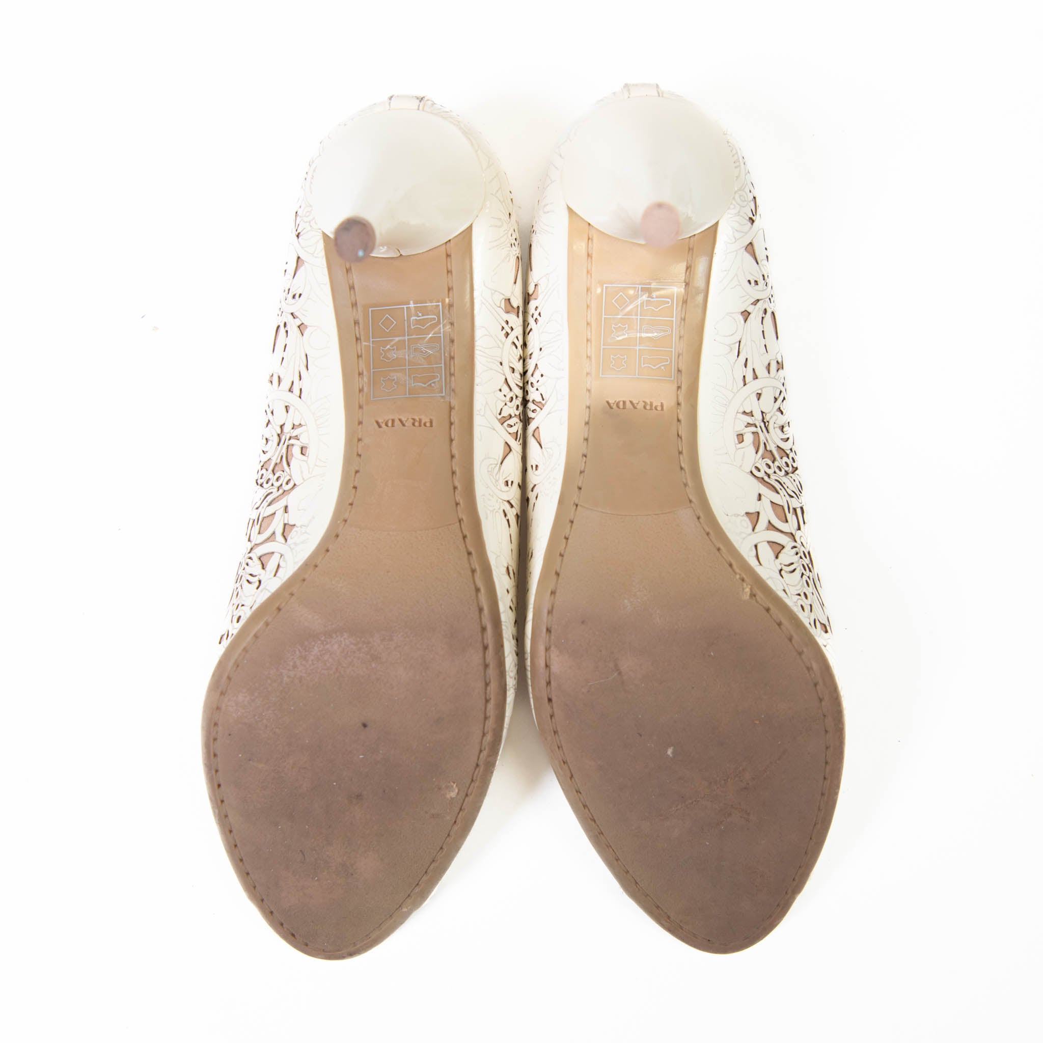 Prada White Patent Leather Floral Laser Cut Peep Toe Pump