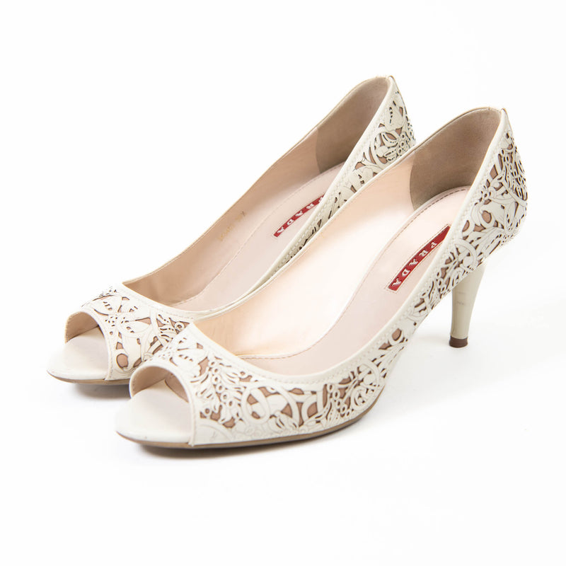 Prada White Patent Leather Floral Laser Cut Peep Toe Pump 39.5