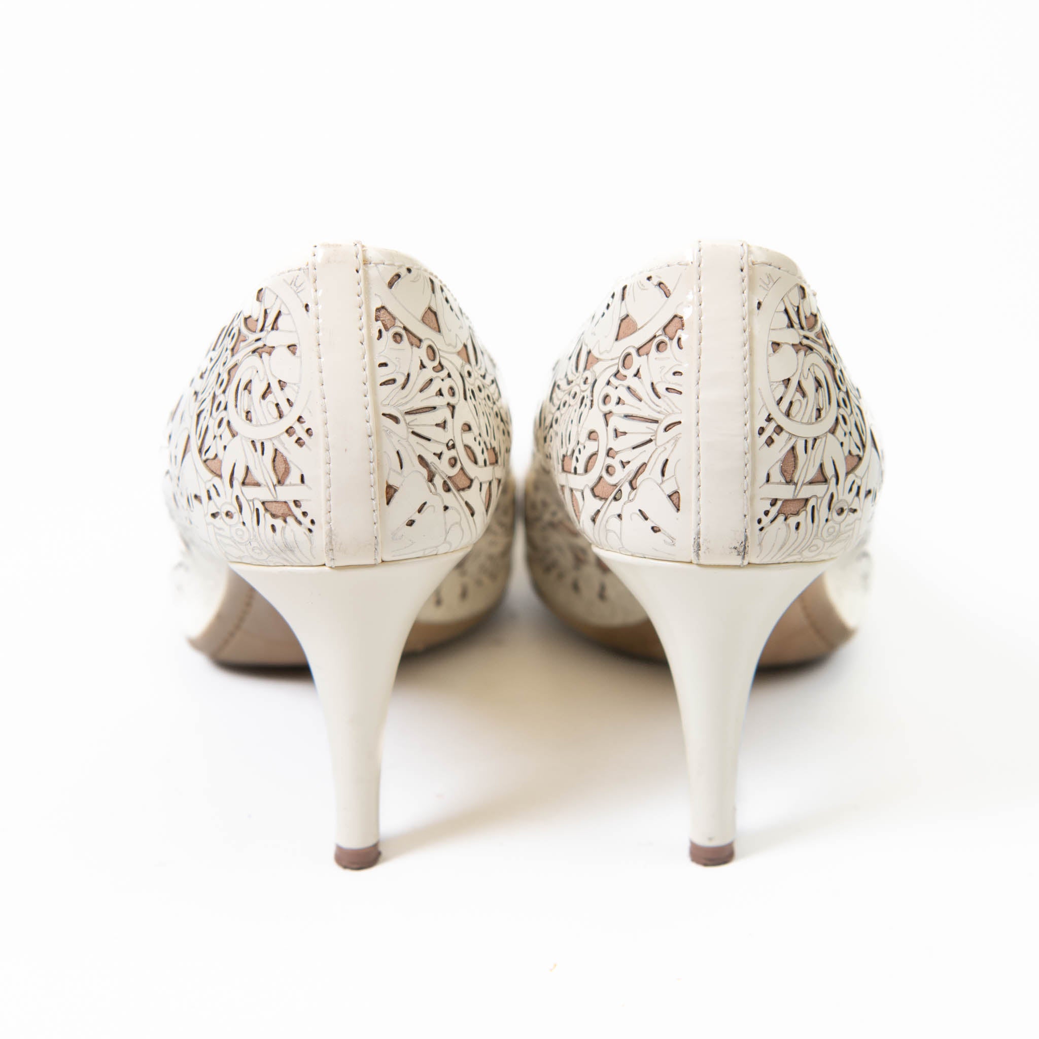 Prada White Patent Leather Floral Laser Cut Peep Toe Pump