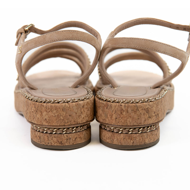 Chanel Beige Suede 2020 Interlocking Cork CC Logo Sandals 39.5