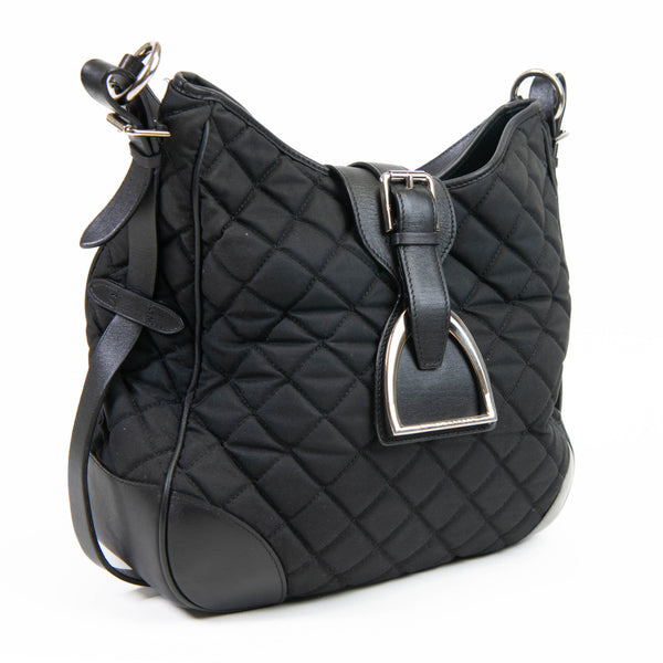 Ralph Lauren Black Quilted Cloth and Leather Trim Stirrup Shoulder Bag