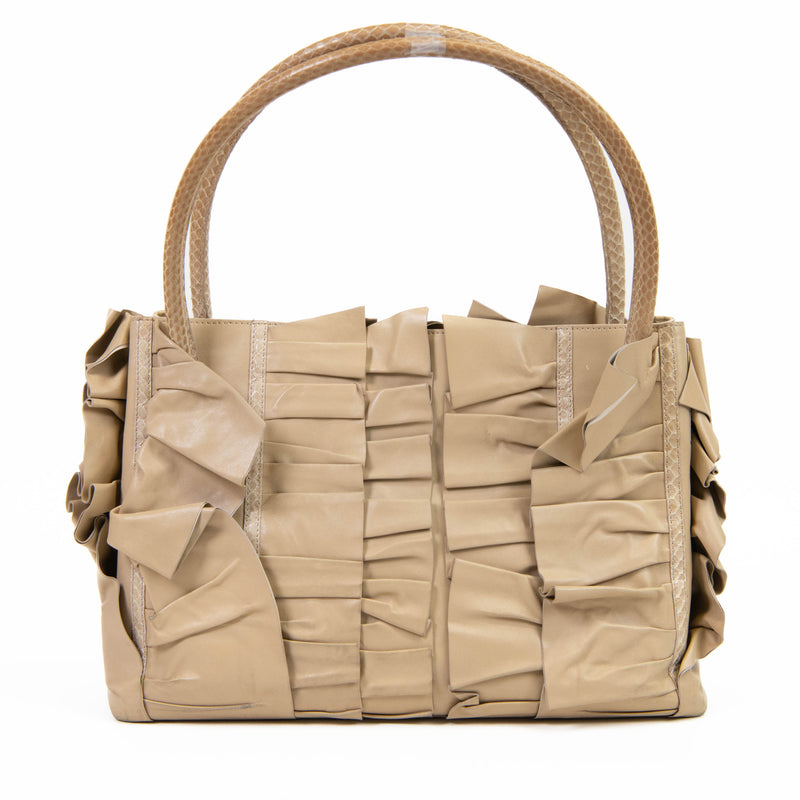 Oscar de la Renta Tan Leather Bucket Ruffle Bag