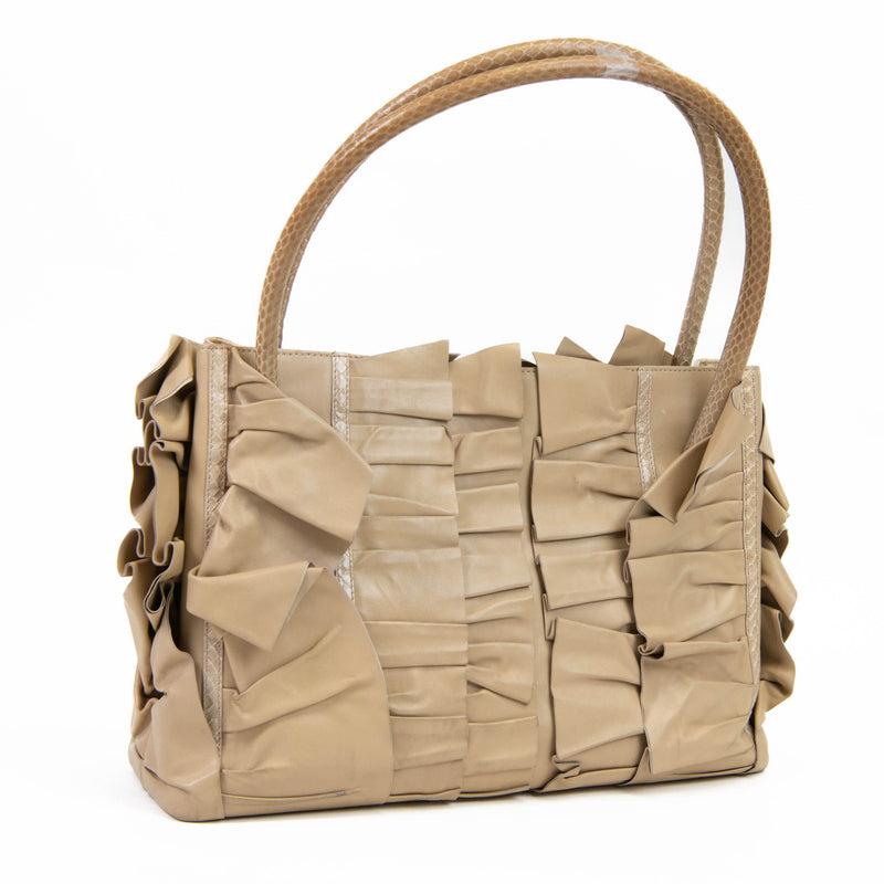 Oscar de la Renta Tan Leather Bucket Ruffle Bag