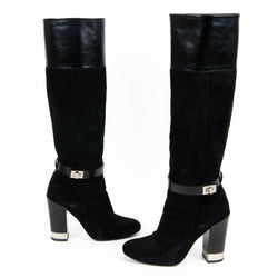 Barbara Bui Black Suede Block Heel Leather Details Tall Boots Size 38