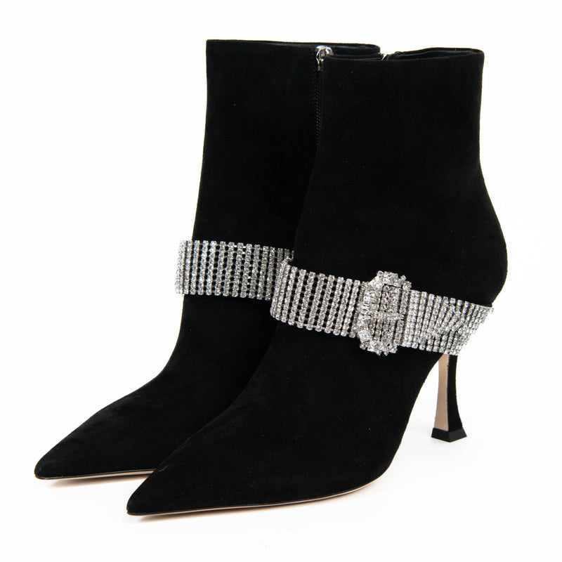 Jimmy Choo Kaza Black Suede Crystal-Buckle Booties Size 37