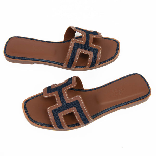 Hermès Blue and Dark Gold Calfskin Denim Oran Sandals 36.5