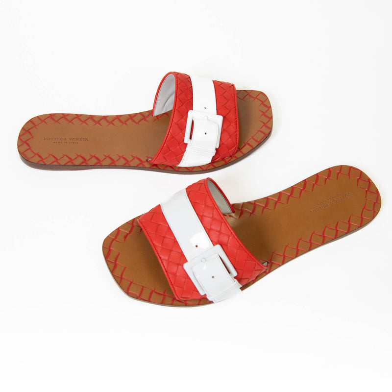 Bottega Veneta Orange & White Intrecciato Weave Revello Leather Slides 40