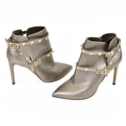 Valentino Garavani Grey Metallic Leather Rockstud Ankle Boots Size 38