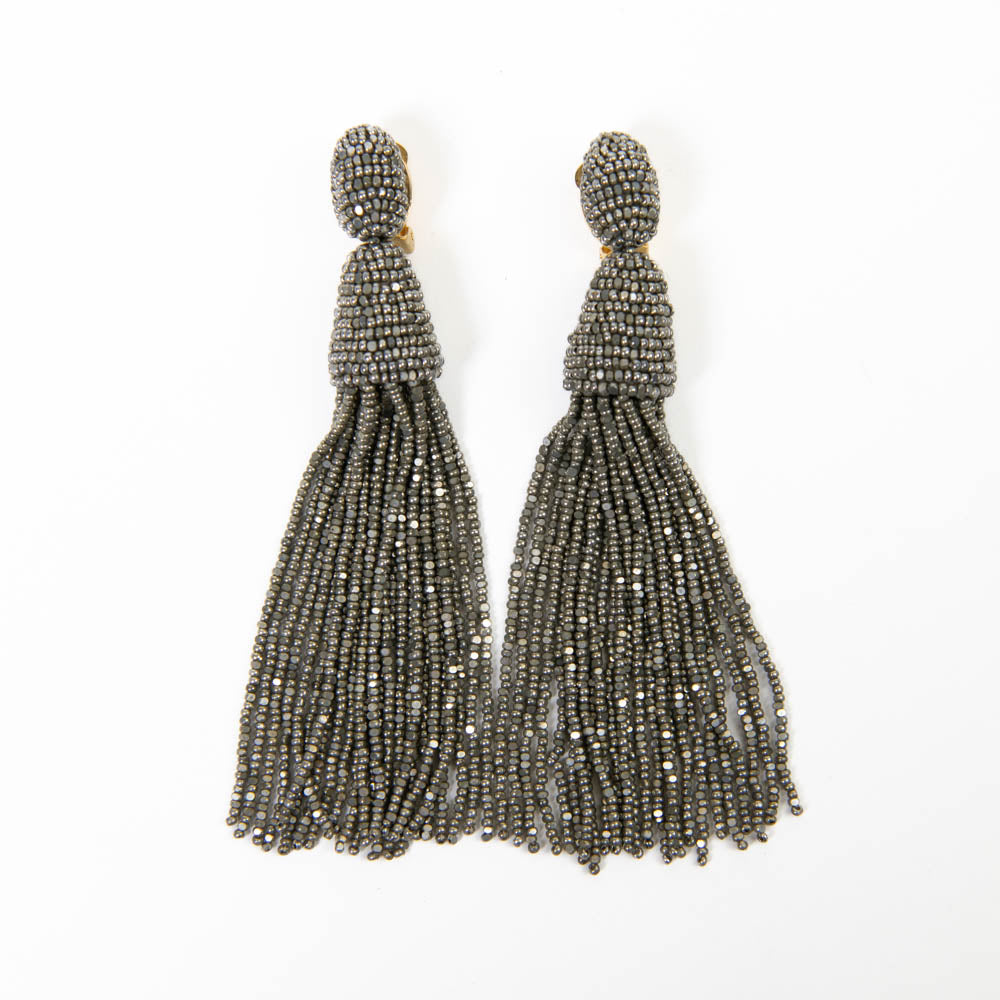 Oscar de la authentic Renta Couture Black Long Tassel Clip Earrings