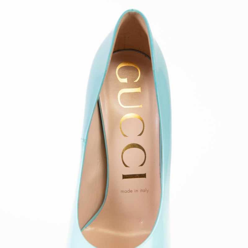 Gucci Aquamarine Regent Calfskin Elaisa Platform High Heel Pumps 38.5