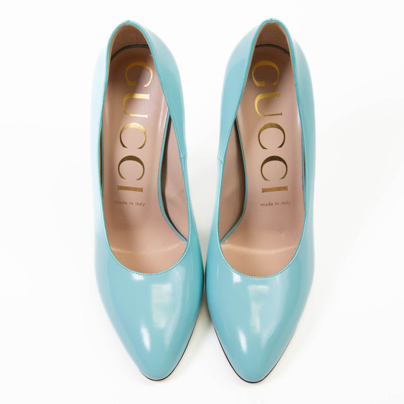 Gucci Aquamarine Regent Calfskin Elaisa Platform High Heel Pumps 38.5