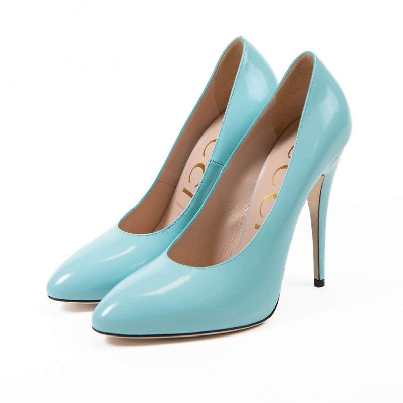 Gucci Aquamarine Regent Calfskin Elaisa Platform High Heel Pumps 38.5