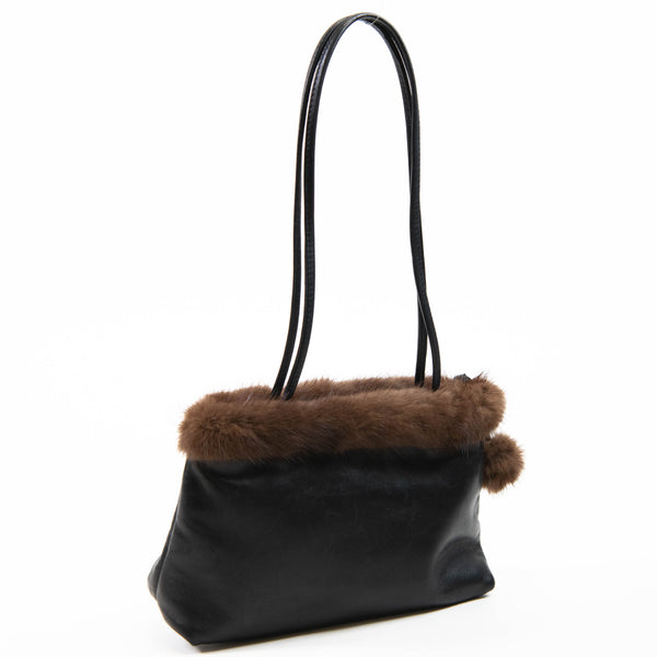 Desmo Black Leather and Faux Fur Trim Evening Bag