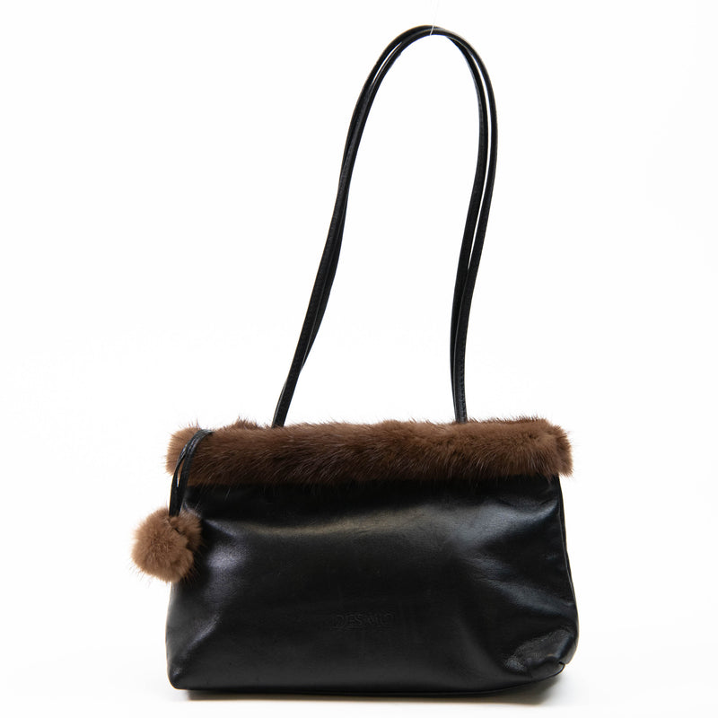 Desmo Black Leather and Faux Fur Trim Evening Bag