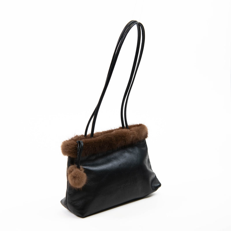 Desmo Black Leather and Faux Fur Trim Evening Bag