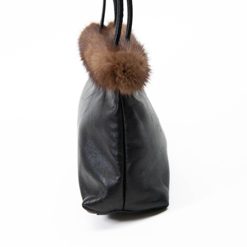 Desmo Black Leather and Faux Fur Trim Evening Bag