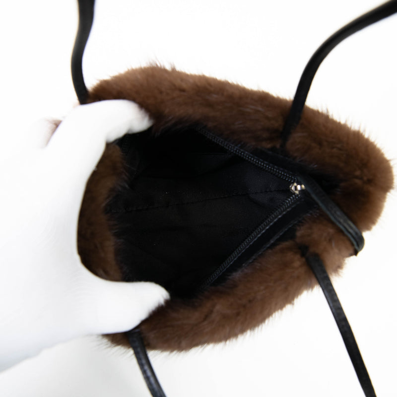 Desmo Black Leather and Faux Fur Trim Evening Bag