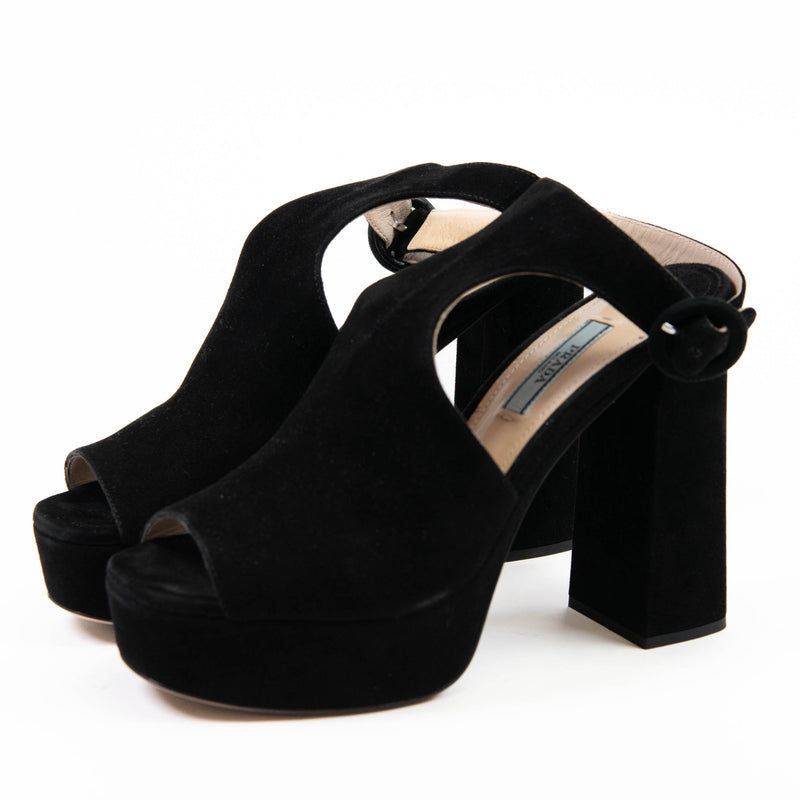 Prada Black Suede Peep Toe Slingback Platform Sandal 36.5