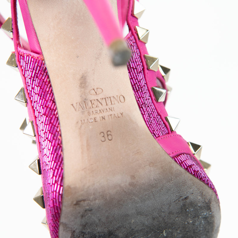 Valentino Garavani Pink Beaded T-Strap Rockstud Pumps Heels 36