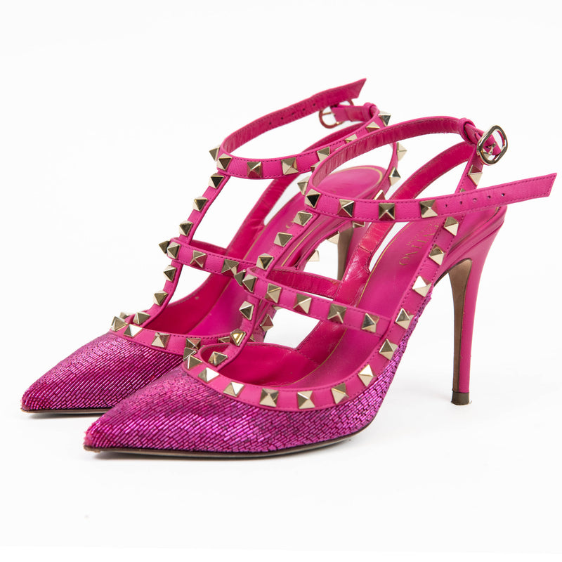 Valentino Garavani Pink Beaded T-Strap Rockstud Pumps Heels 36