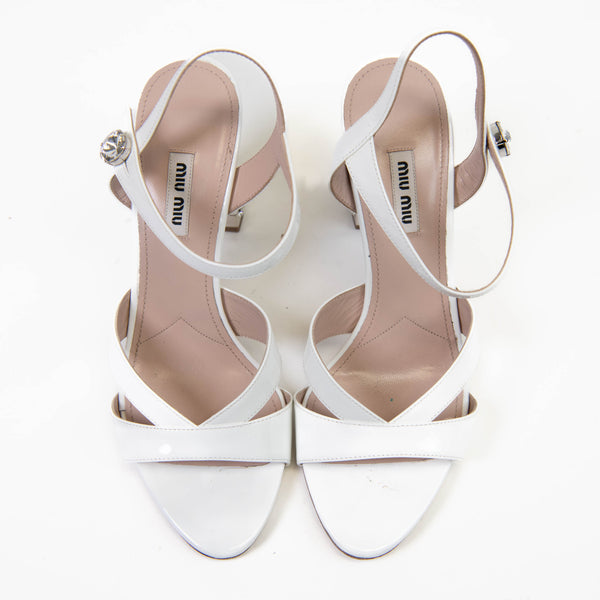 Miu Miu White Patent Leather Ankle Strap Open Toe Shoes With Rhinestones 39