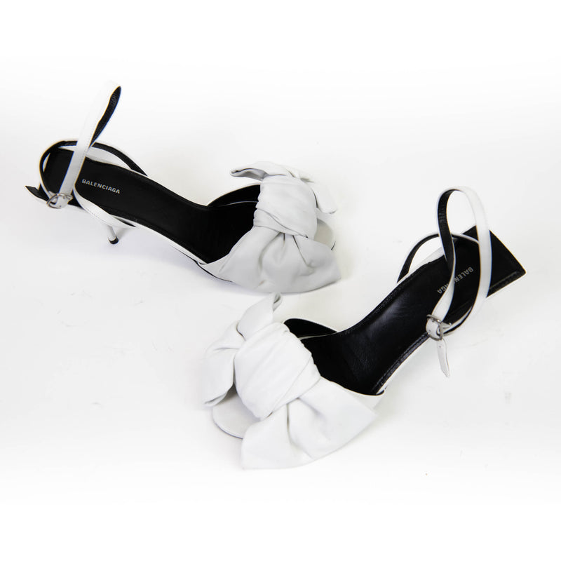 Balenciaga White Lambskin Square Knife Bow Sandals 39.5