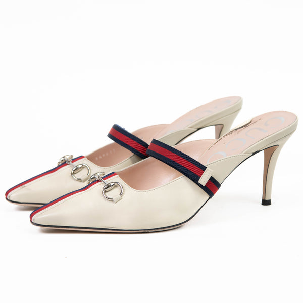 Gucci Vintage White  Malaga Kid Sylvie Web Cross Strap Mid-Heel Mules Size 40