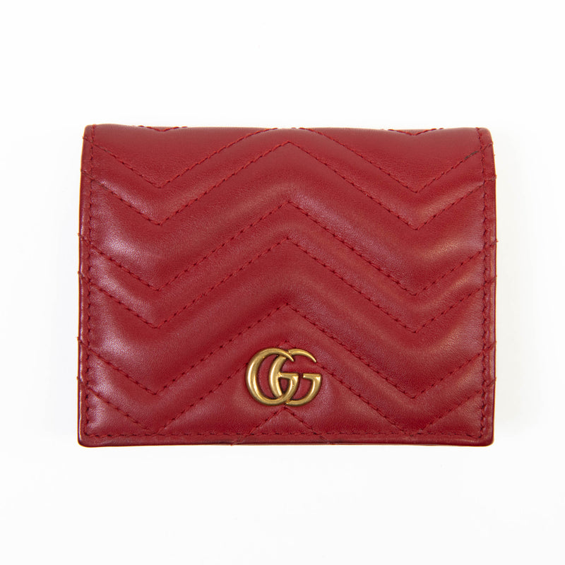 Gucci Hibiscus Red Calfskin Matelasse GG Marmont Card Case Wallet