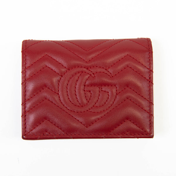 Gucci Hibiscus Red Calfskin Matelasse GG Marmont Card Case Wallet