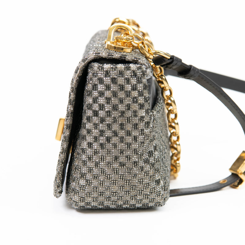 Christian Dior Grey Calfskin Beaded Small Caro Bag