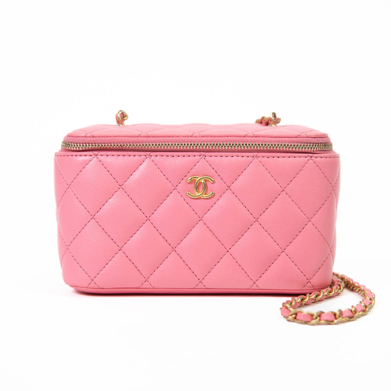 Chanel  Pink Lambskin Quilted Small Pearl Crush Vanity Case With Chain