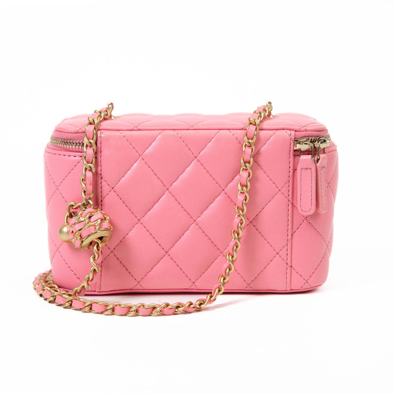 Chanel  Pink Lambskin Quilted Small Pearl Crush Vanity Case With Chain