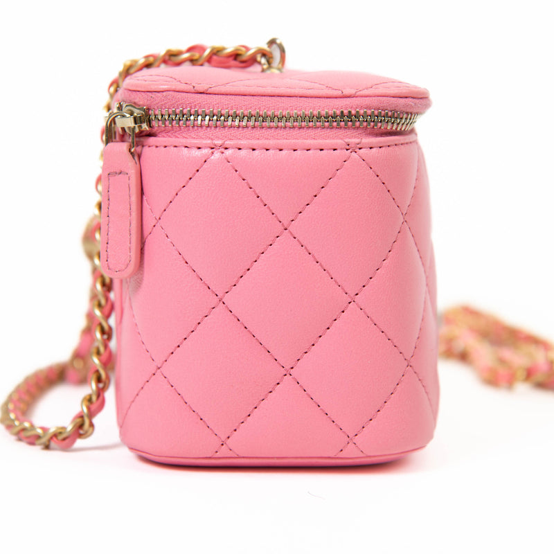 Chanel  Pink Lambskin Quilted Small Pearl Crush Vanity Case With Chain