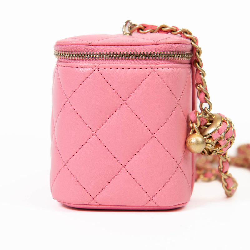 Chanel  Pink Lambskin Quilted Small Pearl Crush Vanity Case With Chain