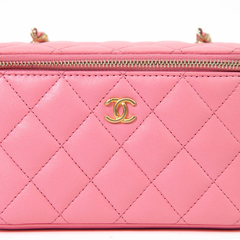 Chanel  Pink Lambskin Quilted Small Pearl Crush Vanity Case With Chain