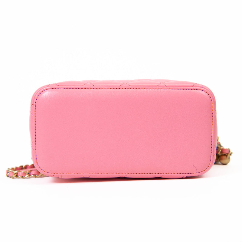 Chanel  Pink Lambskin Quilted Small Pearl Crush Vanity Case With Chain