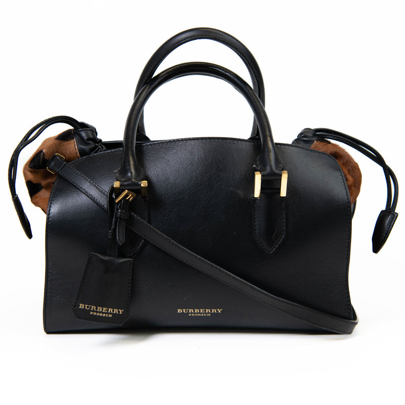 Burberry Black/Brown Heart Print Leather and Calfhair Dinton Satchel