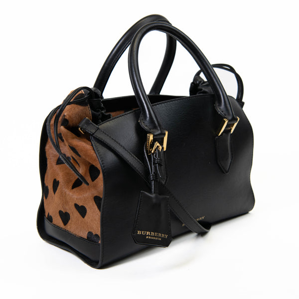 Burberry Black/Brown Heart Print Leather and Calfhair Dinton Satchel